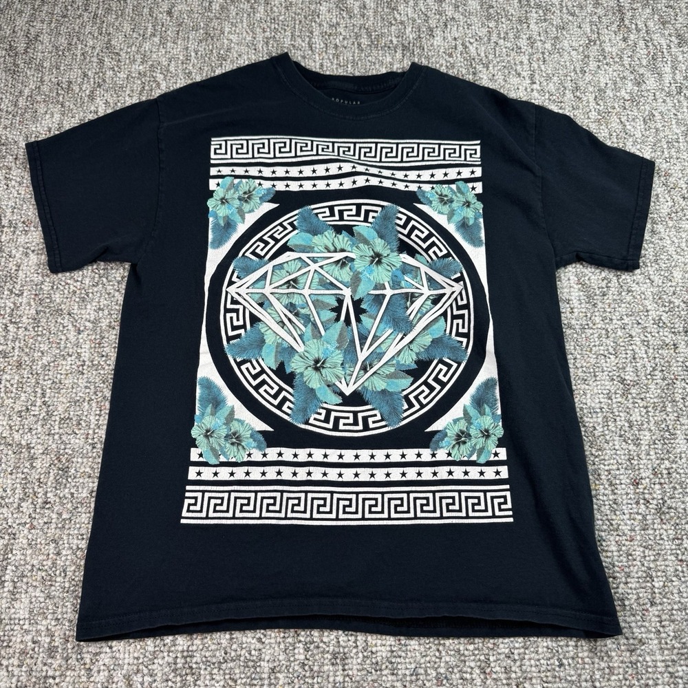 Popular Poison Shirt Mens Large Diamond Flowers Graphic Short Sleeve Dark Blue